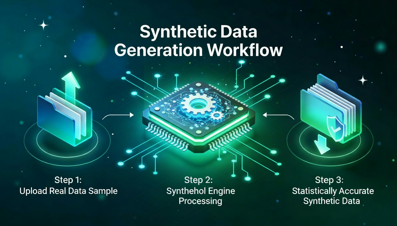 Synthetic Data Generation Workflow: Upload Real Data Sample, Synthehol Engine Processing, Statistically Accurate Synthetic Data